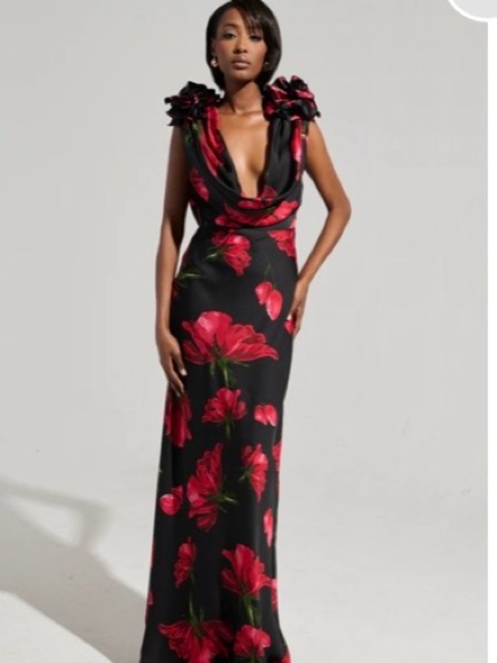 AKIRA Black Maxi Dress with Red Floral Print